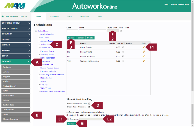 MAM Software Autowork Online Technician cost codes 