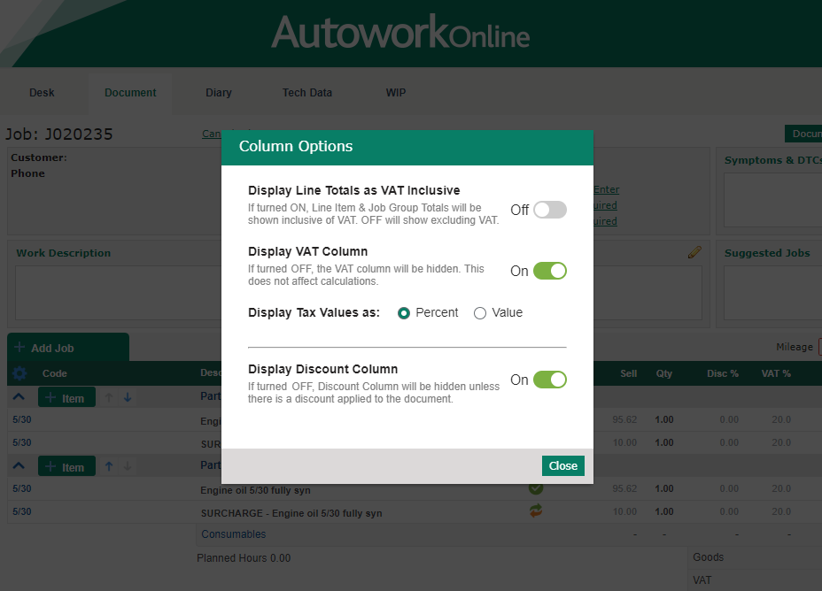 Autowork Online Columnn Options